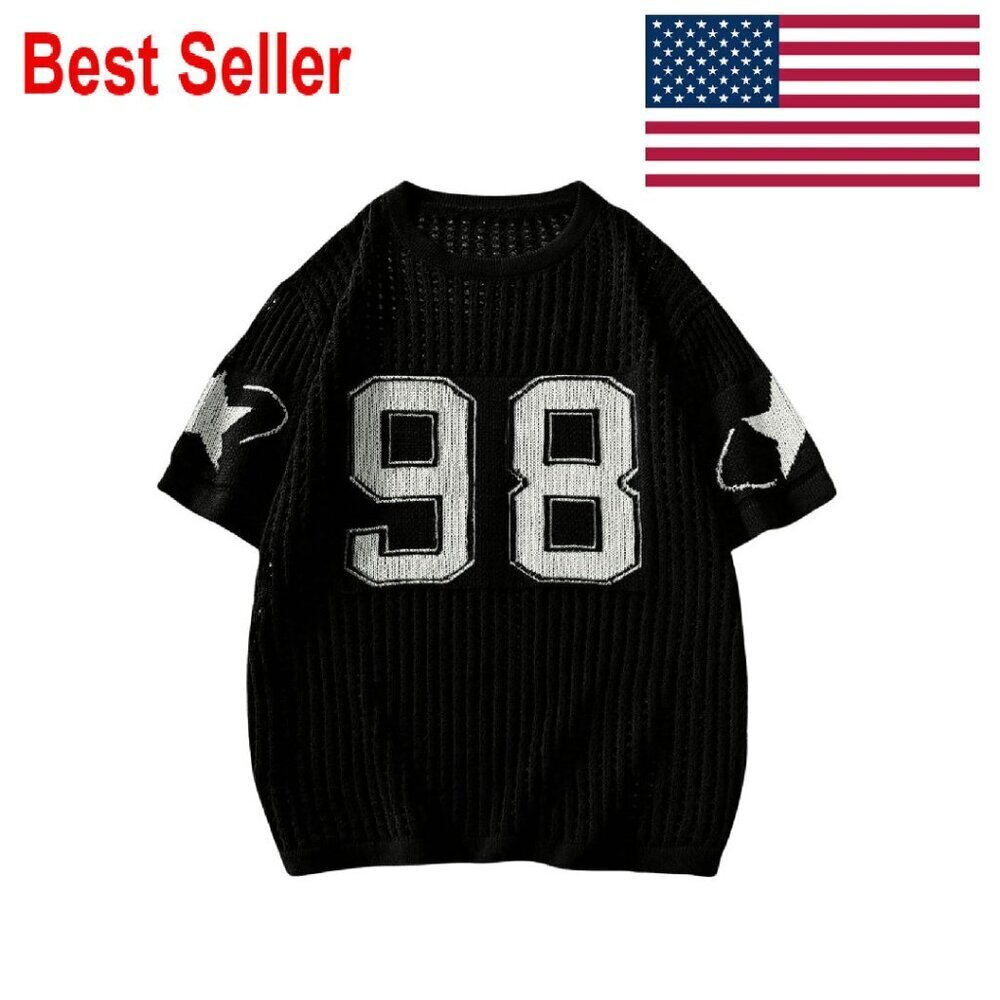 Oversized Y2K Jersey Tee Crochet Hollow Out Knit Sweater Streetwear Chic